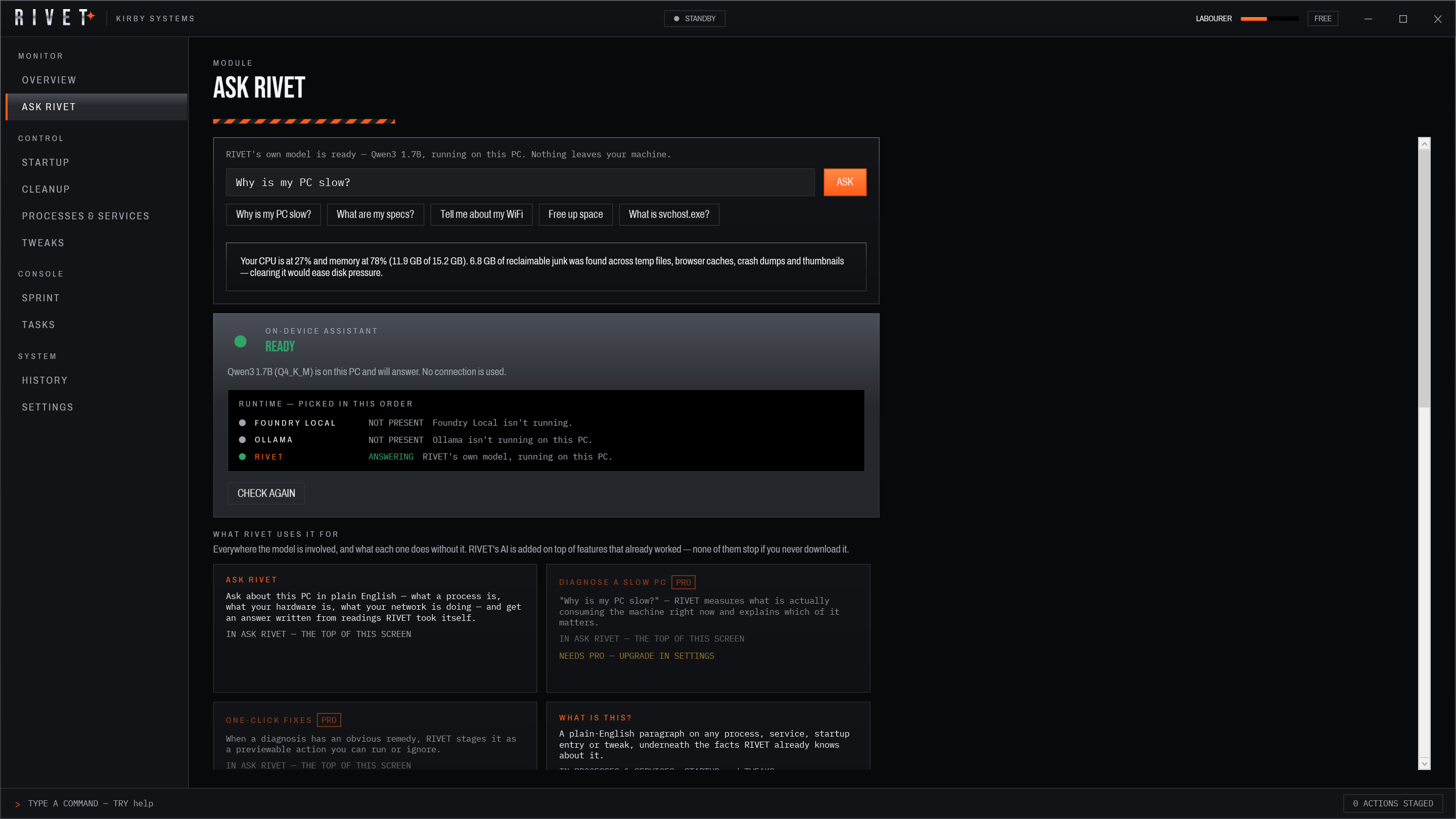 The Ask RIVET module answering a question about system state, with the on-device model named in the header and a proposed fix the user can confirm.