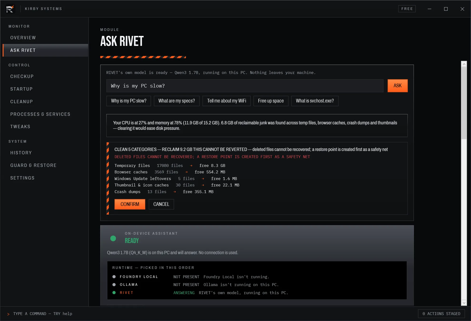 The Ask Rivet screen: a question box, example questions and the on-device model status.
