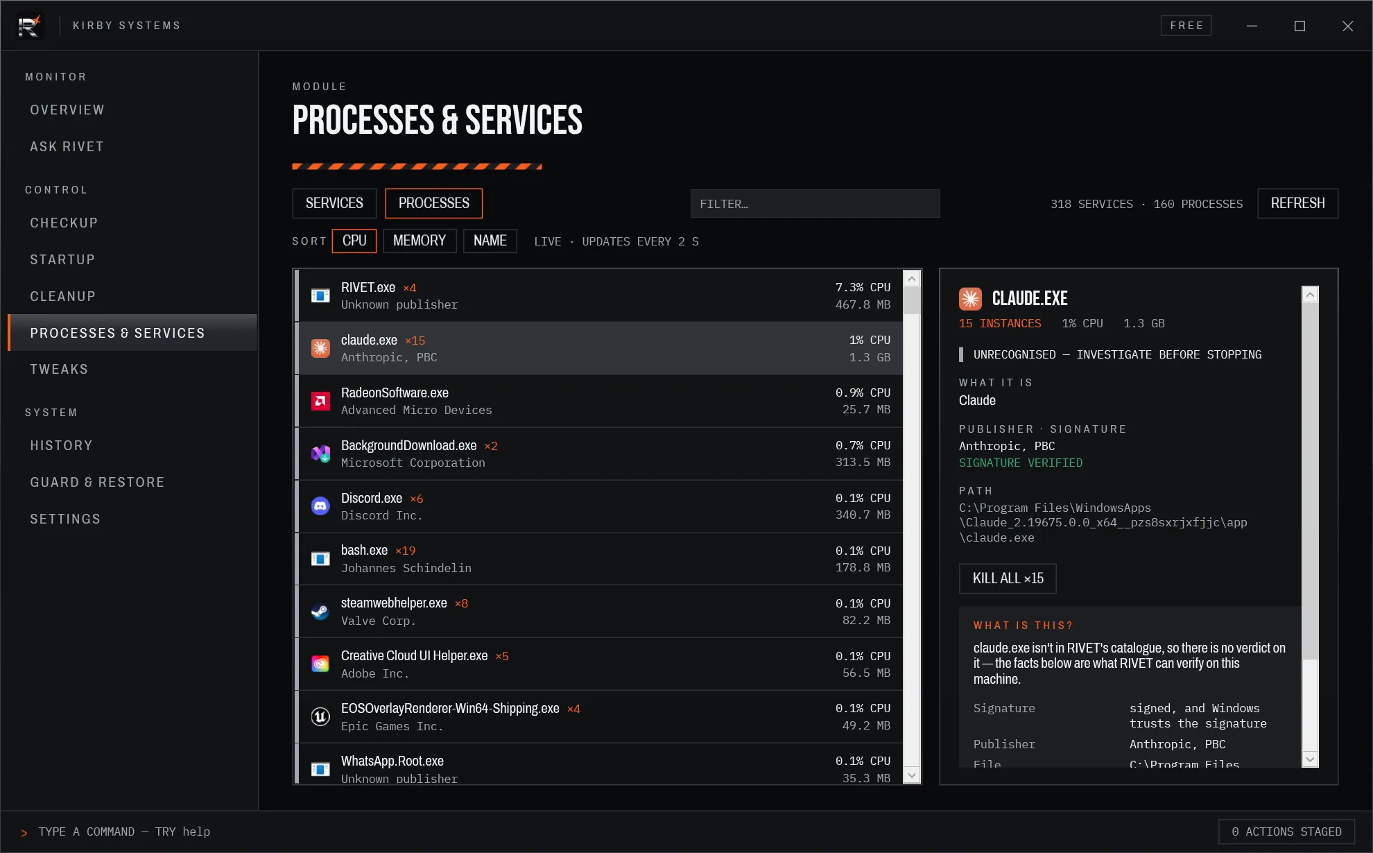 The process list grouped by application, with CPU and memory per group and the selected app's publisher, signature and path.